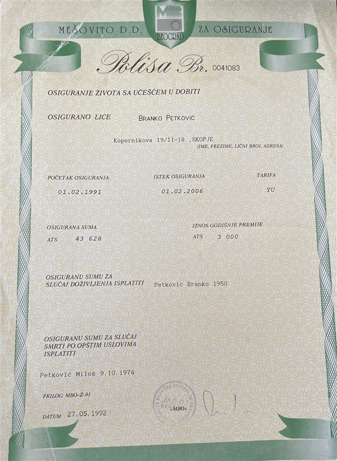 Prva polisa osiguranja porodice Petković, 1991. godine